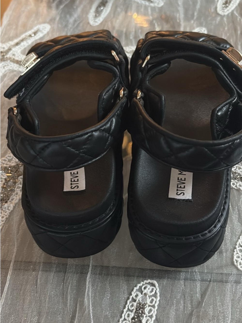 Steve Madden Black Quilted Strap Sandals with Gold Accents - Picture 2 of 5